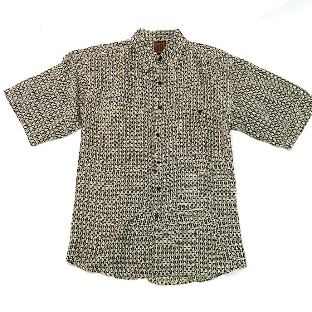 Vintage Bruno 100% silk short sleeve shirt Mens Medium green cream diamonds